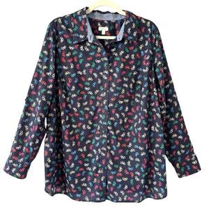Talbots Woman 1X bicycle print contrast trim long sleeve roll tab sleeve shirt